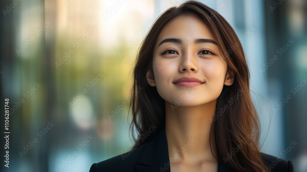 窓辺で未来を見つめる日本人女性 窓辺で未来を見つめる日本人女性