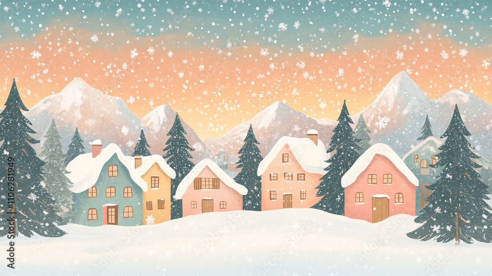 Fototapeta premium 夕暮れの雪山村イラスト