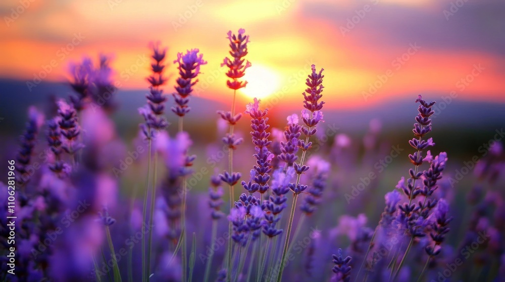 Vibrant lavender field at sunset, sun rays illuminating purple flowers. Vibrant lavender field at sunset, sun rays illuminating purple flowers.