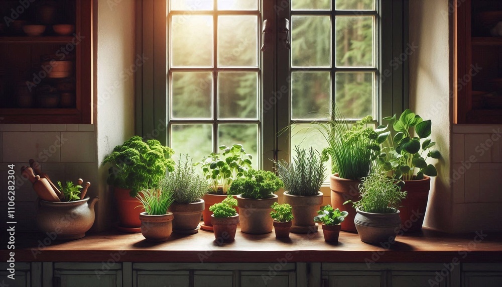 Cozy Kitchen Windowsill with Fresh Herbs in Rustic Pots Cozy Kitchen Windowsill with Fresh Herbs in Rustic Pots