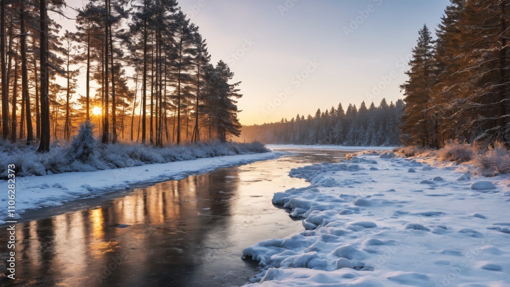 Serene winter dawn at a frozen river surrounded by snow-covered trees Serene winter dawn at a frozen river surrounded by snow-covered trees