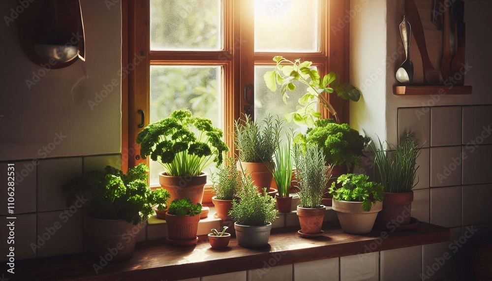 Cozy Kitchen Windowsill with Fresh Herbs in Rustic Pots Cozy Kitchen Windowsill with Fresh Herbs in Rustic Pots