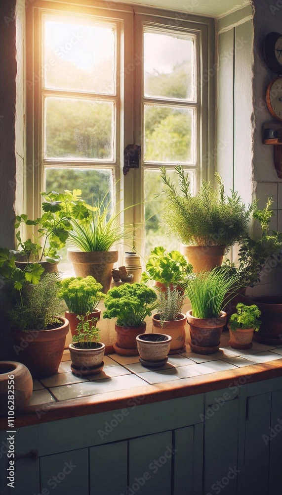 Cozy Kitchen Windowsill with Fresh Herbs in Rustic Pots Cozy Kitchen Windowsill with Fresh Herbs in Rustic Pots