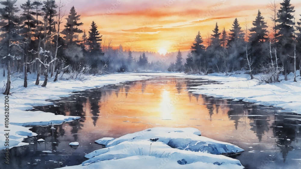 Fototapeta premium Serene winter dawn at a frozen river surrounded by snow-covered trees