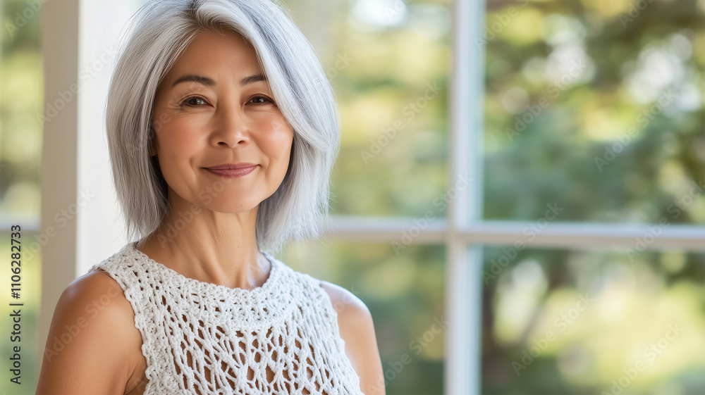 自然光の中で微笑む品のある日本人女性 自然光の中で微笑む品のある日本人女性