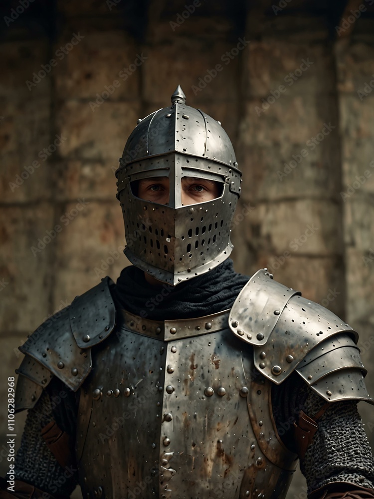 Knight in weathered armor, exuding mystery and history. Knight in weathered armor, exuding mystery and history.