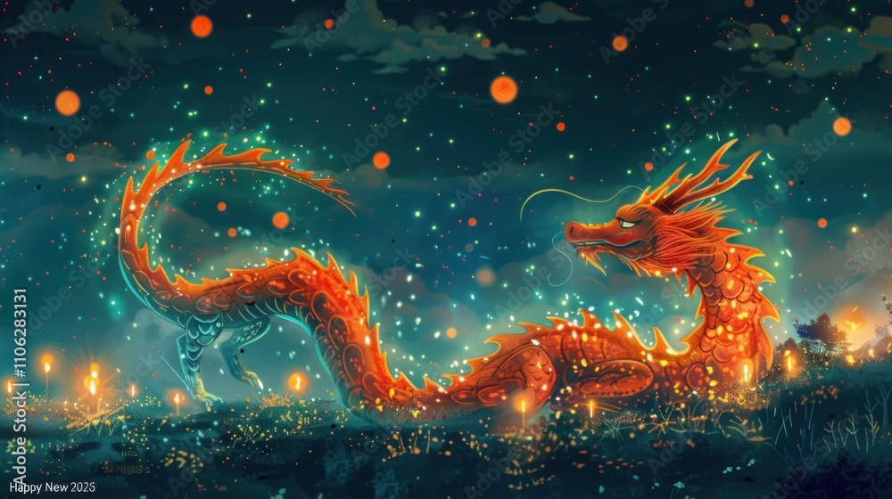 Magical orange dragon amidst glowing lights and stars. Magical orange dragon amidst glowing lights and stars.