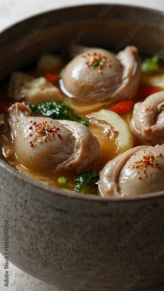 Korean ginseng chicken soup in a ceramic pot Korean ginseng chicken soup in a ceramic pot