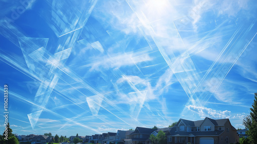 A surreal collage of chemtrails forming geometric shapes in a bright blue sky over a suburban neighborhood
