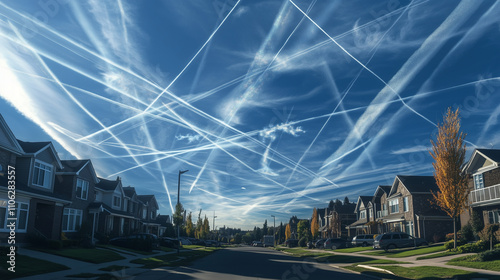 A surreal collage of chemtrails forming geometric shapes in a bright blue sky over a suburban neighborhood