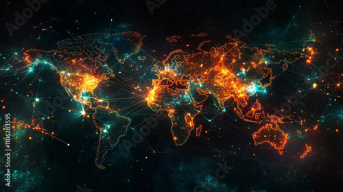 A map of global connections with glowing lines linking major cities, overlaid with cryptic symbols