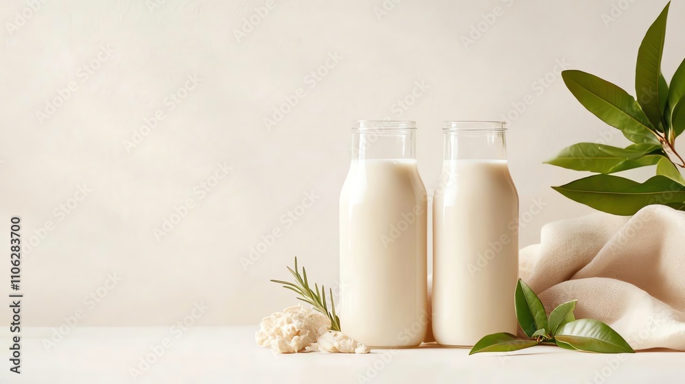 Two glass bottles filled with fresh milk, surrounded by delicate white fabric and green leaves, creating a serene and natural composition for food photography. Two glass bottles filled with fresh milk, surrounded by delicate white fabric and green leaves, creating a serene and natural composition for food photography.