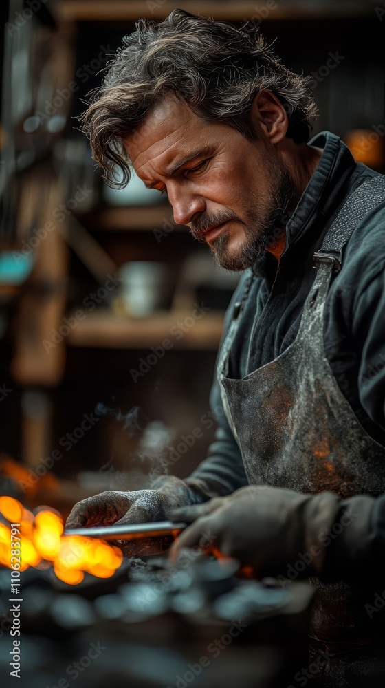 Man forging metal in workshop. Man forging metal in workshop.