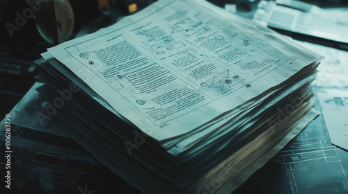 A stack of classified documents with blacked-out text, surrounded by cryptic symbols and diagrams