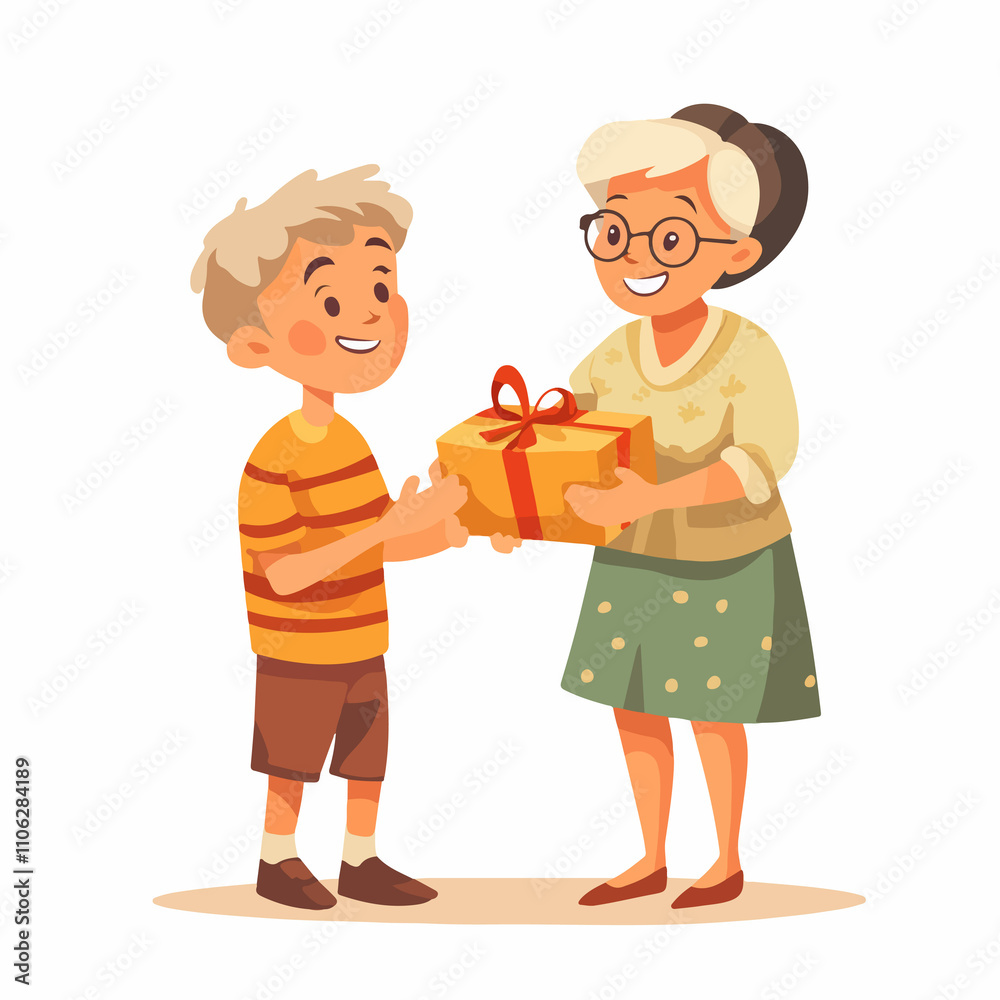 Happy Grandma and Grandson Standing with Gift Happy Grandma and Grandson Standing with Gift