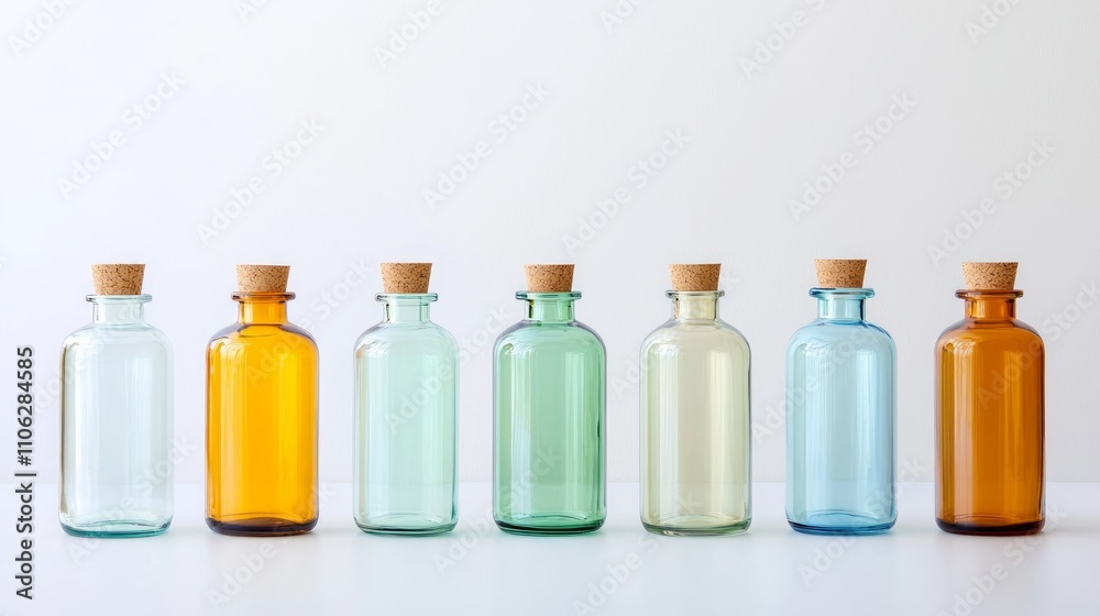 Assorted laboratory glass bottles with stoppers, illuminated softly on a white background.
Assorted laboratory glass bottles with stoppers, illuminated softly on a white background.