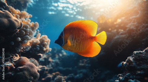 Orange fish swimming in vibrant coral reef. photo