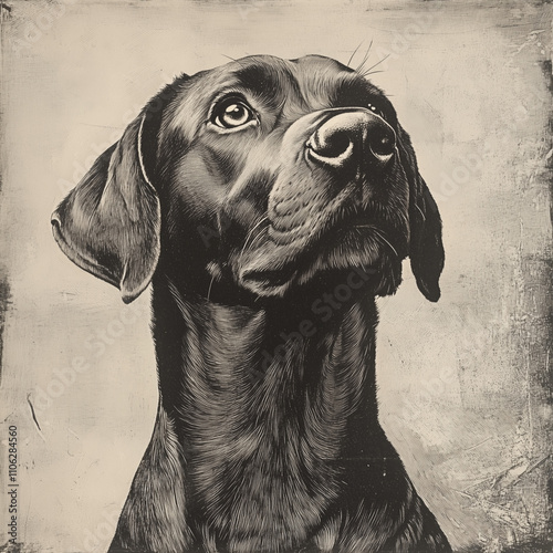 Monochromatic artistic rendering of a dog in a classic etching style, ideal for prints, decor, and projects focused on pets and wildlife.