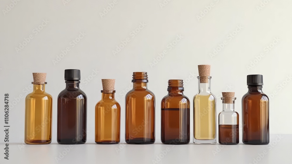 Assorted laboratory glass bottles with stoppers, illuminated softly on a white background.
