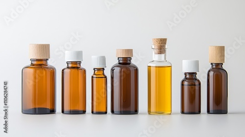 Assorted laboratory glass bottles with stoppers, illuminated softly on a white background. 