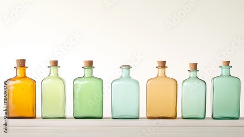 Assorted laboratory glass bottles with stoppers, illuminated softly on a white background. 