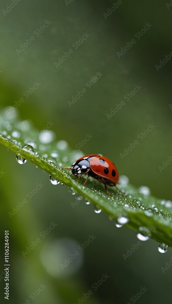Fototapeta premium Ladybug perched on a dewy leaf.