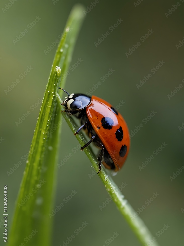 Ladybug perched on a grass blade with a soft blurred background. Ladybug perched on a grass blade with a soft blurred background.