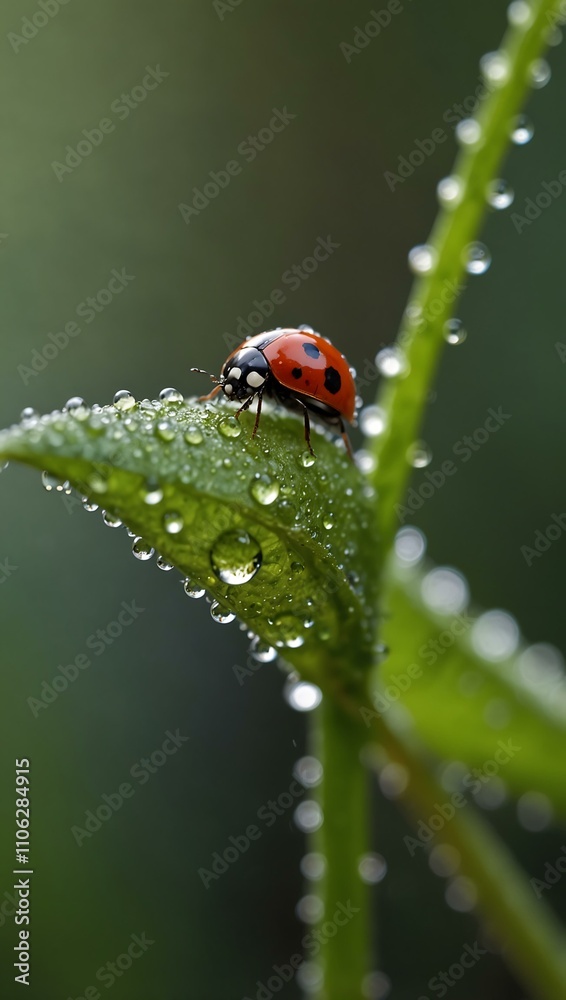 Fototapeta premium Ladybug perched on a dewy leaf.