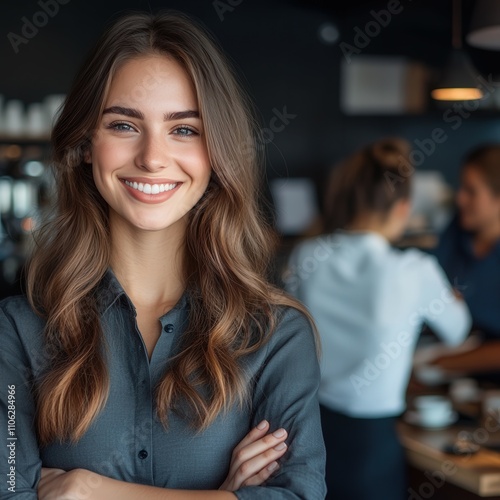 Friendly barista serving customers in a cozy cafe setting