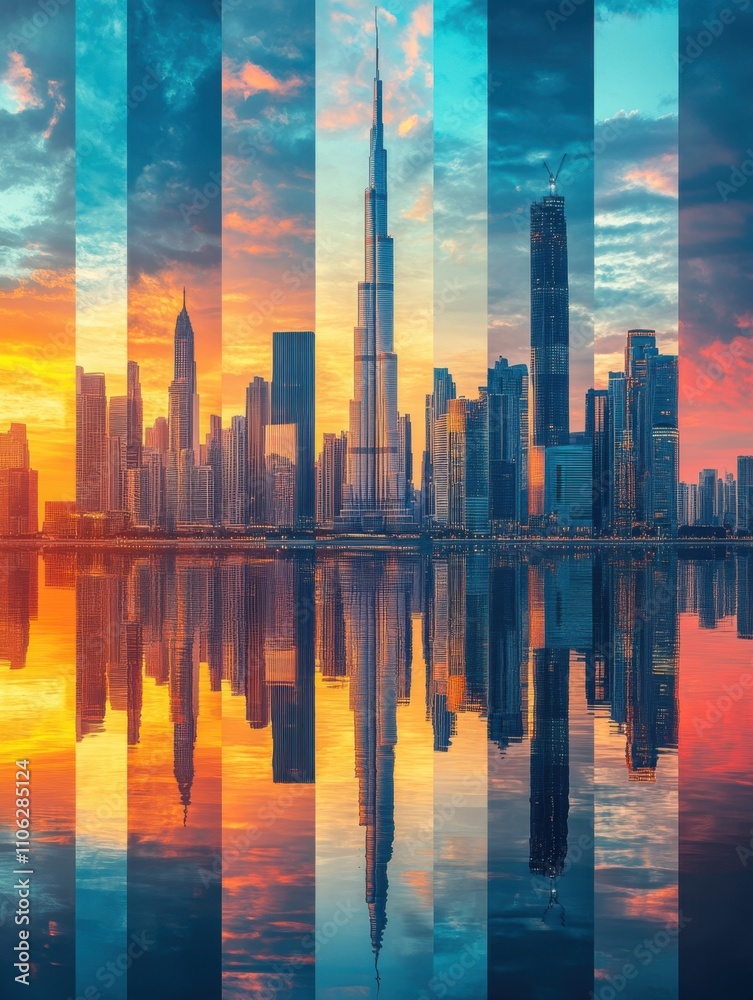 Image of a city skyline with a reflection in the water Image of a city skyline with a reflection in the water
