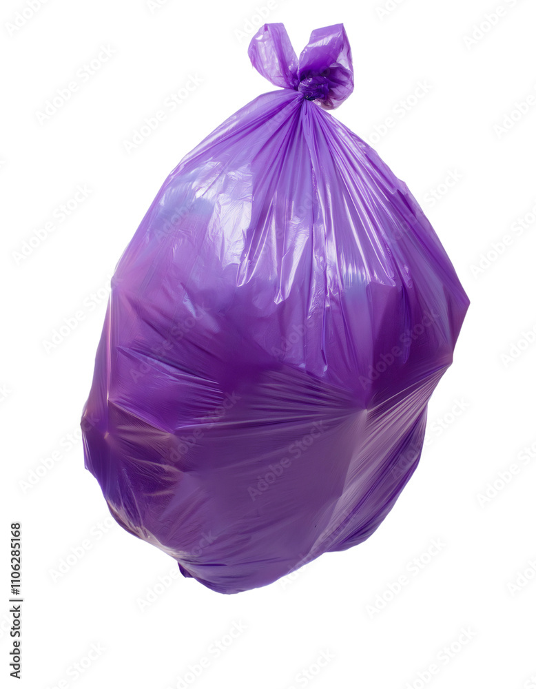 Purple plastic garbage bag full of trash, tied and isolated on a clear background, perfect for waste disposal and environmental projects Purple plastic garbage bag full of trash, tied and isolated on a clear background, perfect for waste disposal and environmental projects