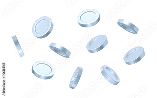 3d flying silver shiny coins on white isolated background. Rich or casino luck concept. Precious expensive treasure. Stock vector illustration.	
