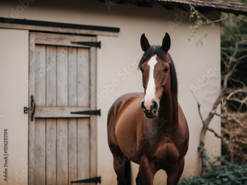 Beautiful horse outside barn Friendly animal. photo