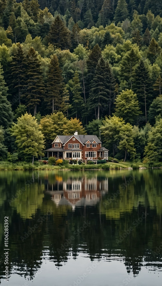 Fototapeta premium Lake houses hidden behind dense trees.