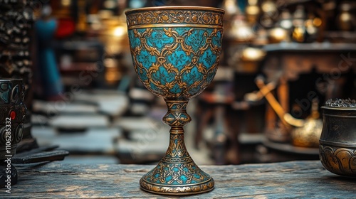 Ornate blue and gold metal goblet on wooden surface. photo