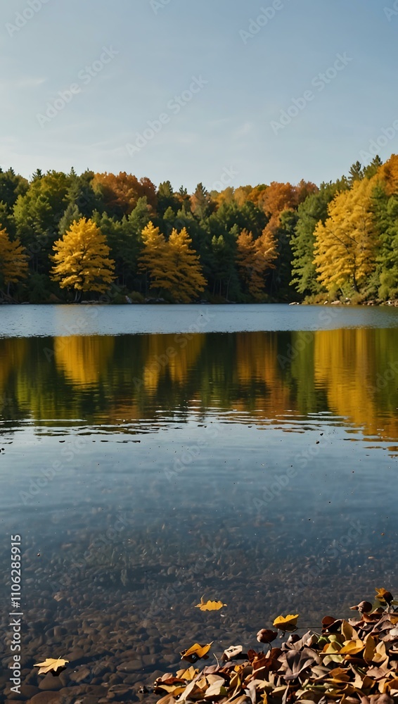Obraz premium Lake scene with yellow, green, and brown autumn leaves.
