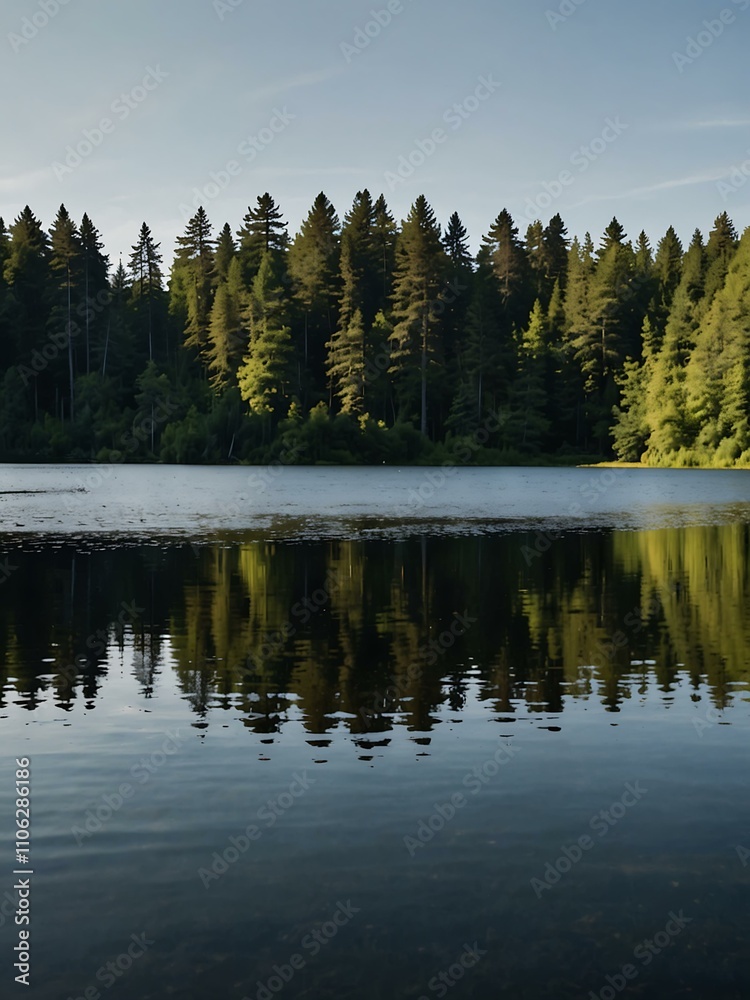 Obraz premium Lake with an island reflecting the surrounding forest.