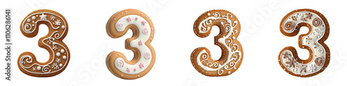 Number 3, made with gingerbread cookie, logotype, Three isolated on a transparent background