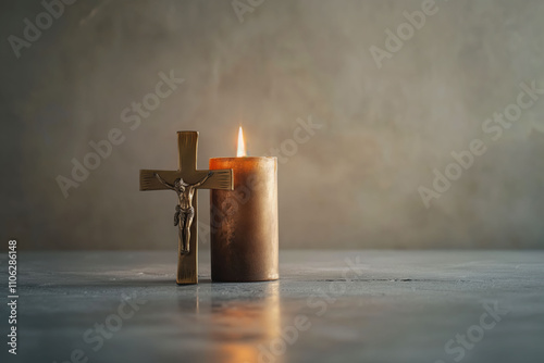 Brass cross with candle symbolizing Candlemas against a grey background photo