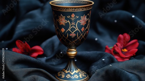 Ornate dark goblet on black fabric with red flowers. photo