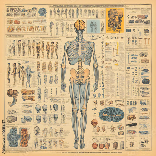 Vintage Anatomy Chart  Human Body  Skeleton  Muscles  Organs  Detailed Illustration