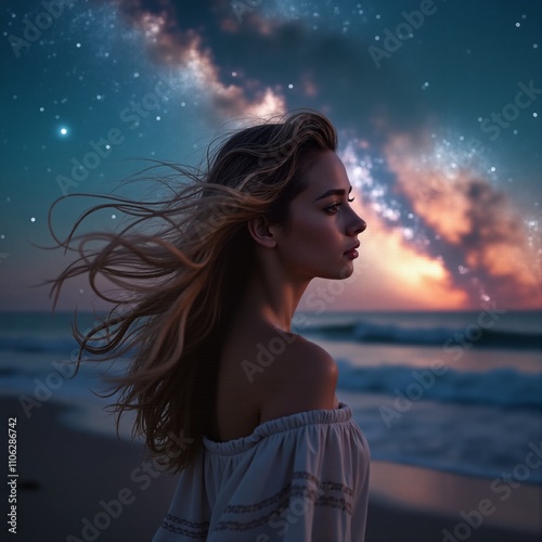 Young woman gazing at the night sky with stars and galaxy in the background