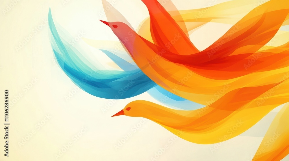 Naklejka premium Abstract birds in vibrant colors soar gracefully against a soft background, AI