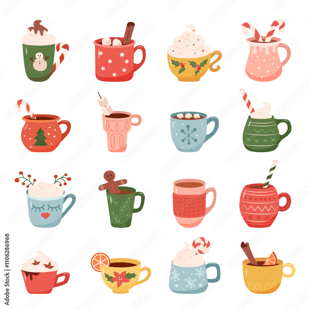 Festive mugs filled with hot cocoa, coffee, and seasonal decorations like candy canes, marshmallows, and spices