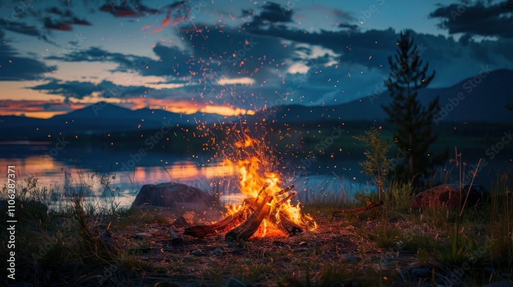 Campfire at sunset by a lake in mountains.