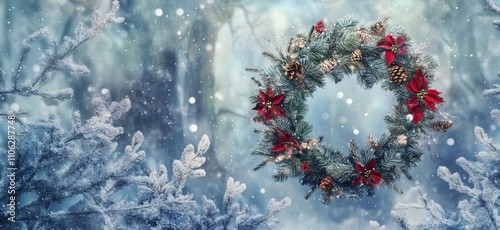 Christmas wreath adorned with red flowers, pinecones, and snowflakes, set against a wintery background, copy space for text