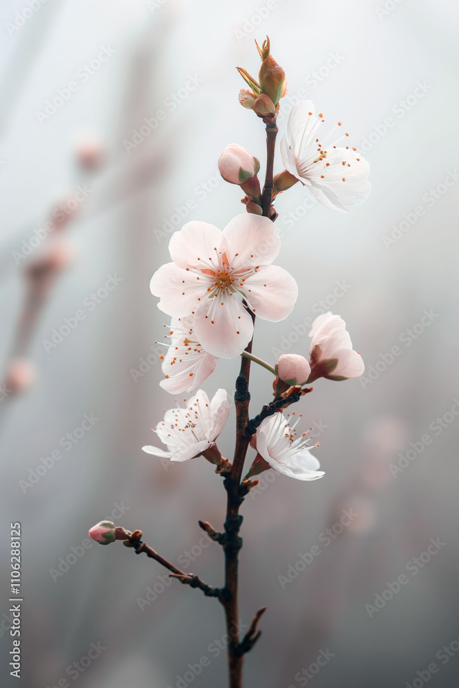 Delicate cherry blossom branch with pink flowers near the Washington Monument in spring Delicate cherry blossom branch with pink flowers near the Washington Monument in spring