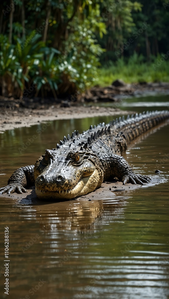 Fototapeta premium Large crocodile in the Amazon rainforest, Manu National Park, Peru.