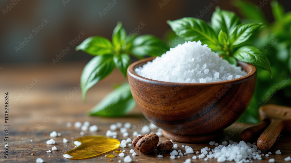 Basket of Celtic Sea Salt with herbs on wooden table. Basket of Celtic Sea Salt with herbs on wooden table.