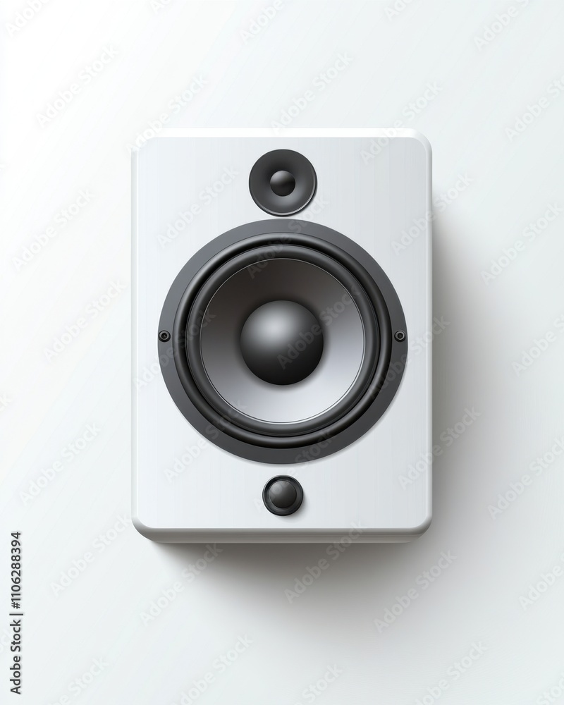A sleek white speaker featuring a prominent black cone and tweeter, ideal for modern audio setups. A sleek white speaker featuring a prominent black cone and tweeter, ideal for modern audio setups.